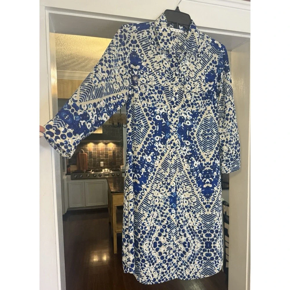 Cabi Royal Blue & White Jewel Button Down Women's Poly Knee Length Shirt Dress S